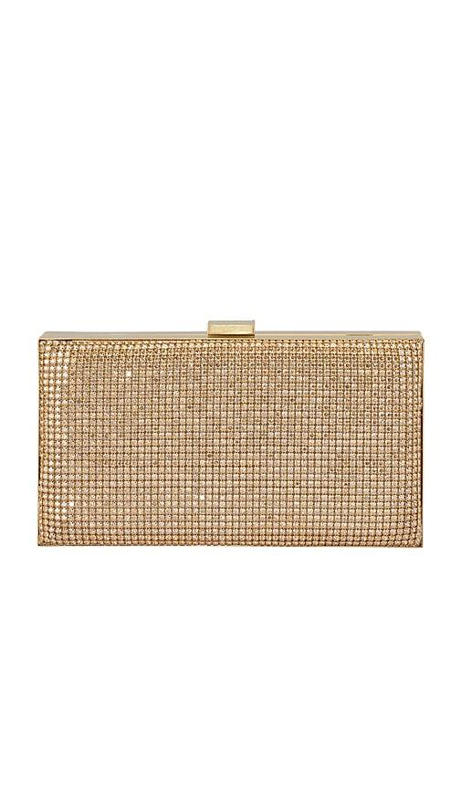 olga berg stef crystal box clutch in metallic gold.
