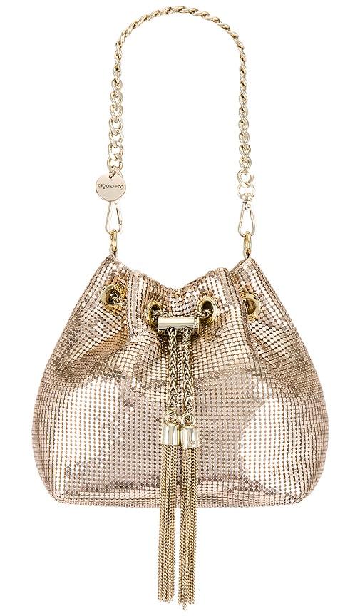 olga berg sylvia mesh pouch in metallic gold.