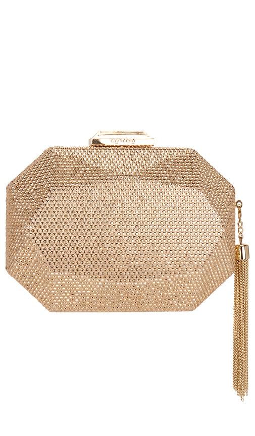 olga berg tilly hotfix clutch in metallic gold.