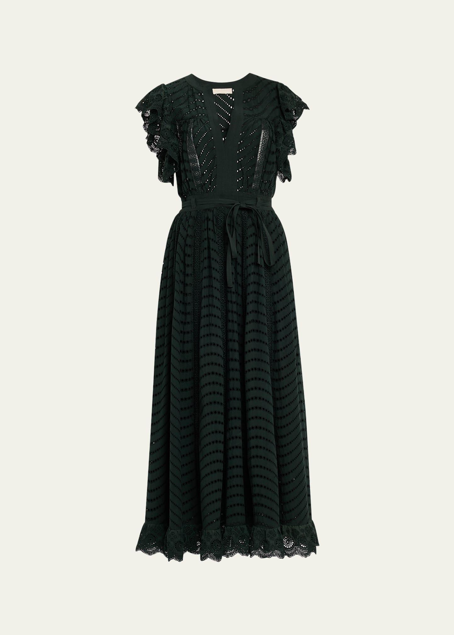 olga eyelet flutter-sleeve midi dress