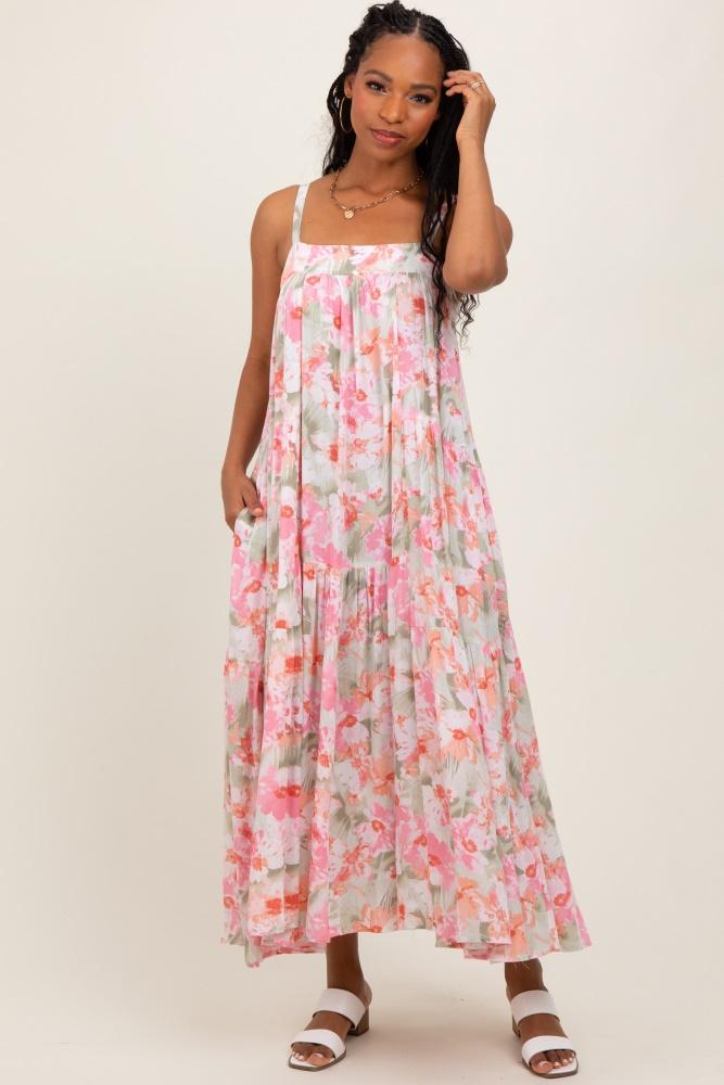 olive/fuchsia tropical floral tiered maxi dress