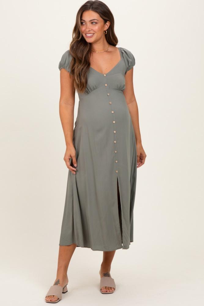 olive button accent front slit maternity midi dress