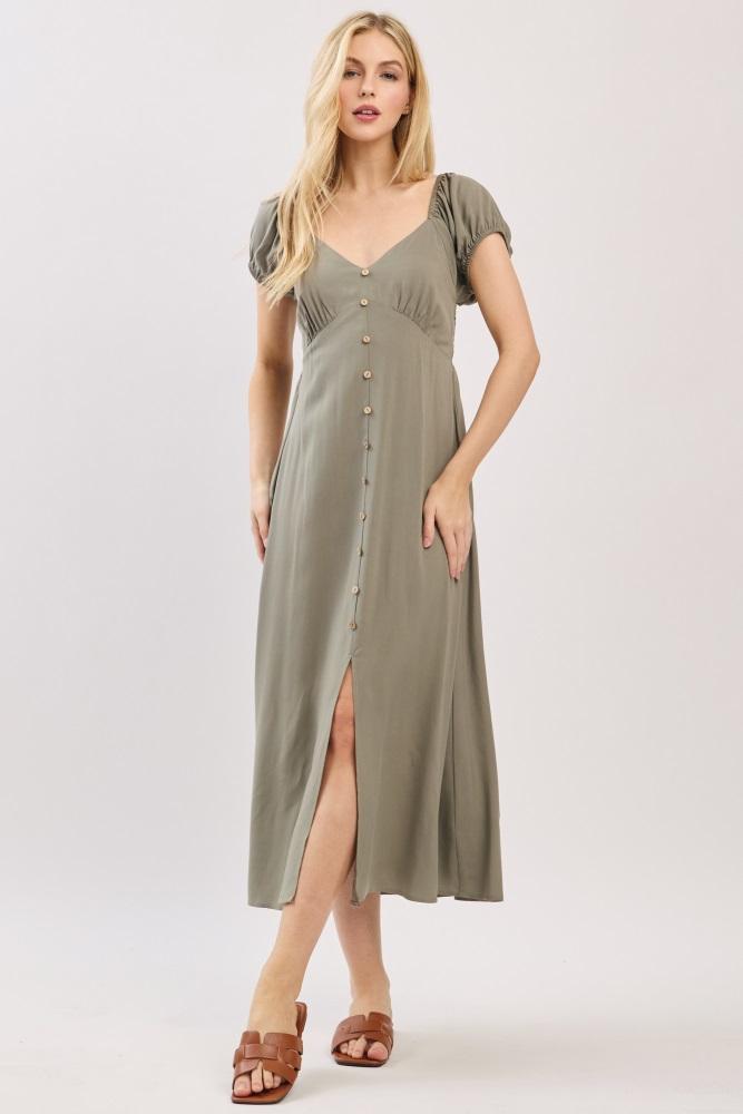 olive button accent front slit midi dress