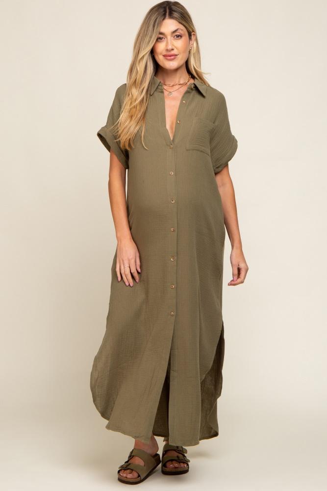 olive button down maternity midi dress