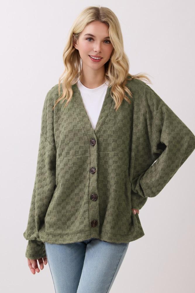 olive checkered knit button front cardigan
