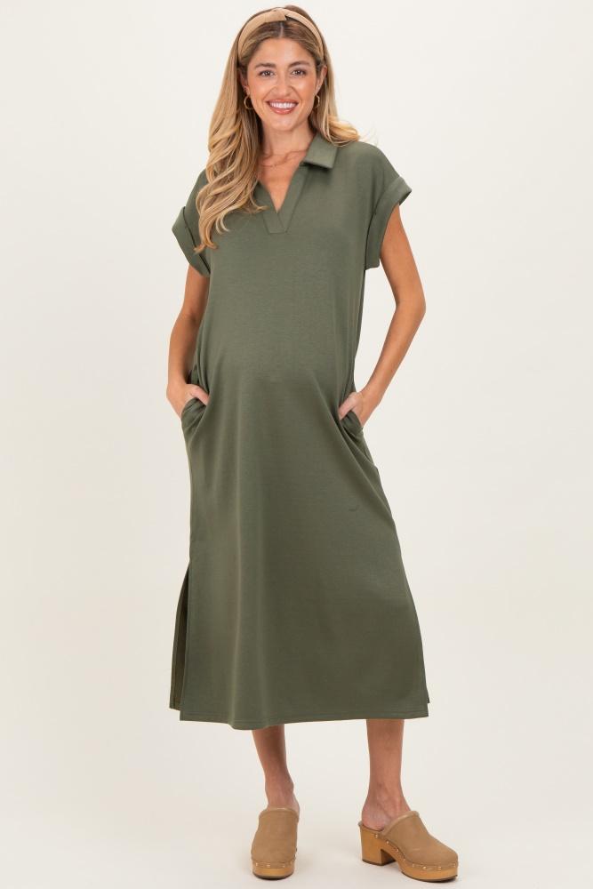 olive collared oversized maternity midi dress