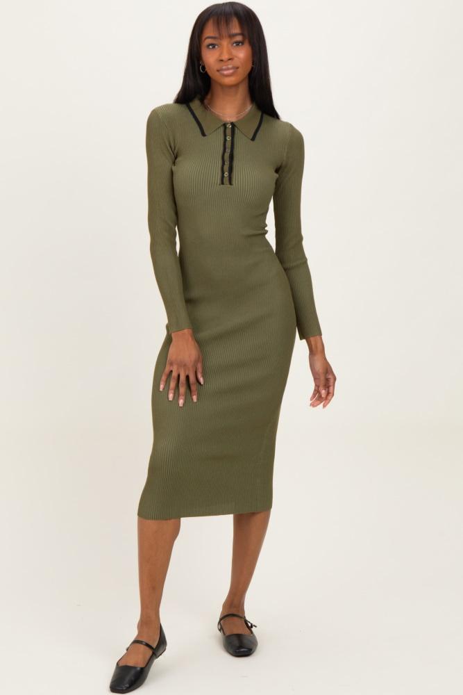 olive contrast trim ribbed knit button up midi dress