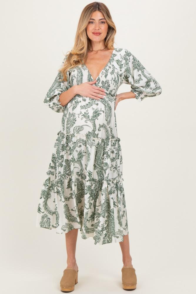 olive damask smocked ruffle tier maternity midi dresses