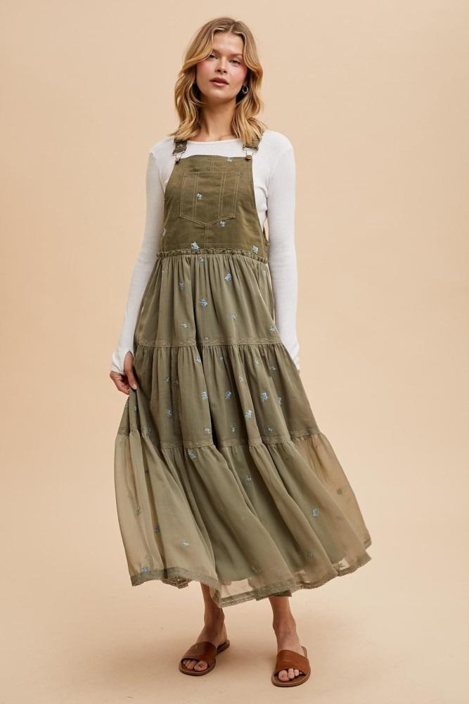 olive embroidered floral skirtall