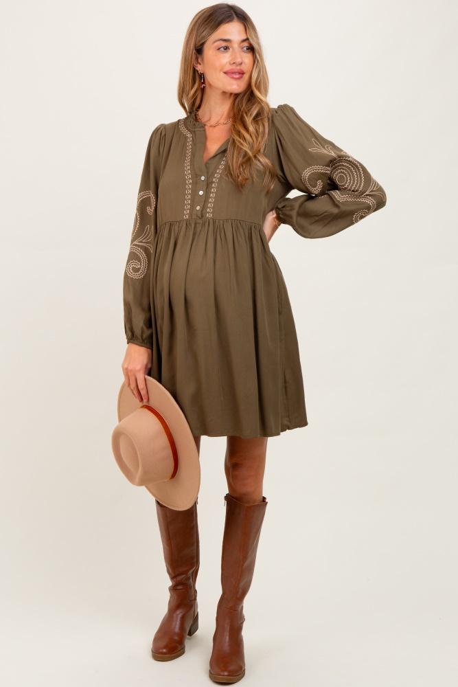 olive embroidered v-neck long sleeve maternity dress