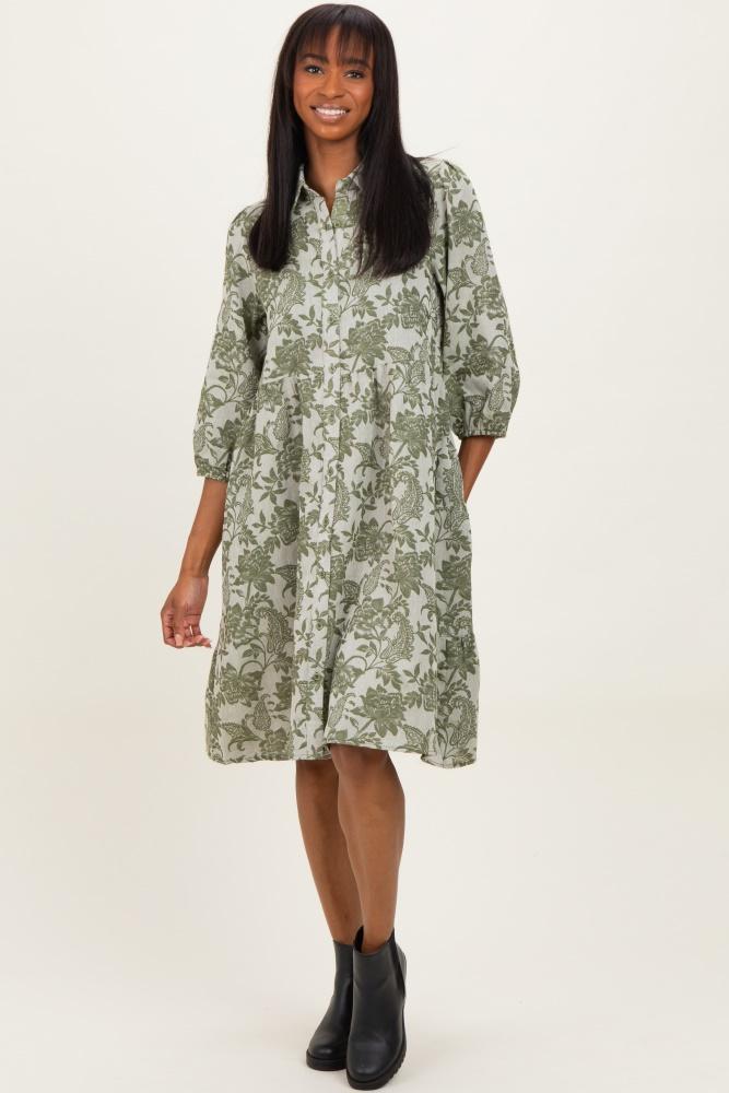 olive floral button 3/4 long sleeve midi dress