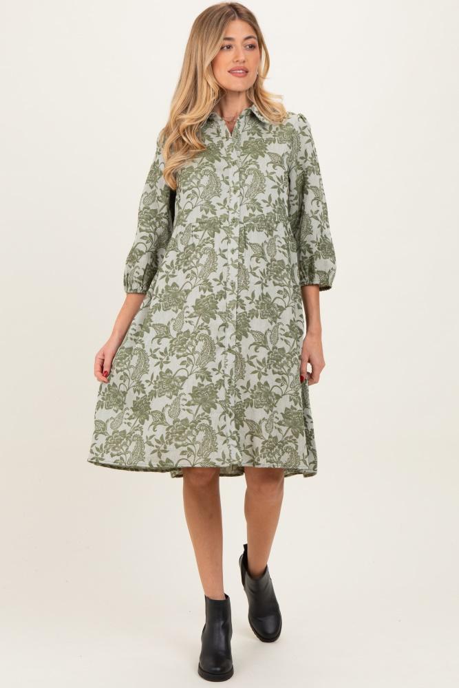 olive floral button down 3/4 sleeve maternity midi dress