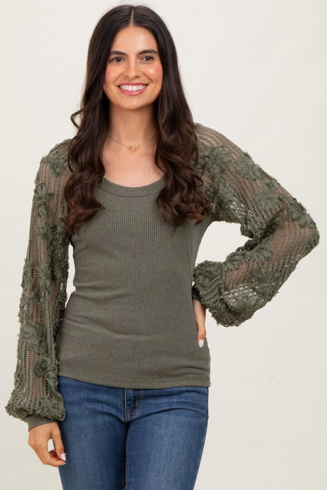 olive floral lace balloon sleeve top