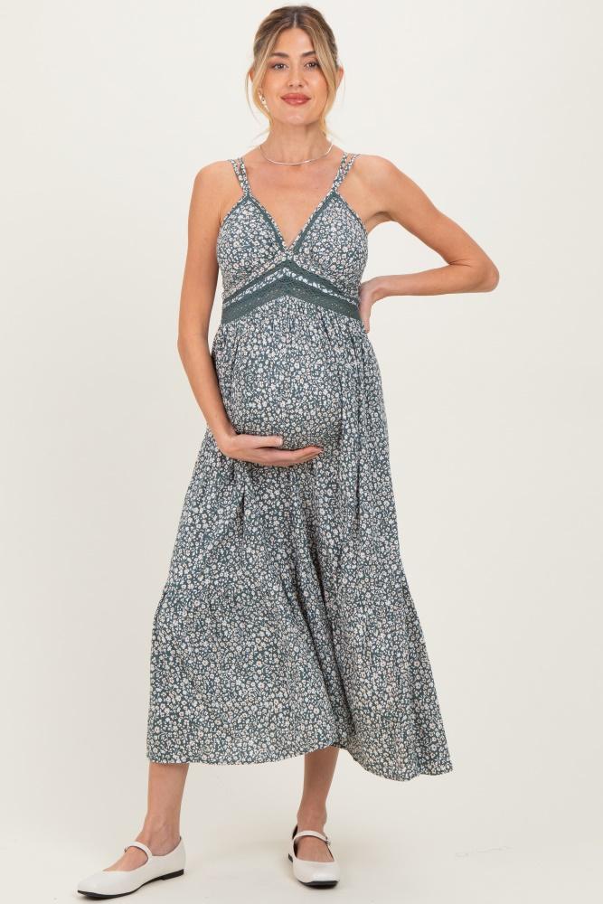 olive floral lace detail strappy maternity maxi dress
