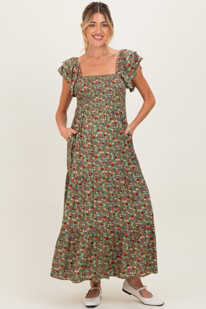olive floral off shoulder smocked maternity maxi dress