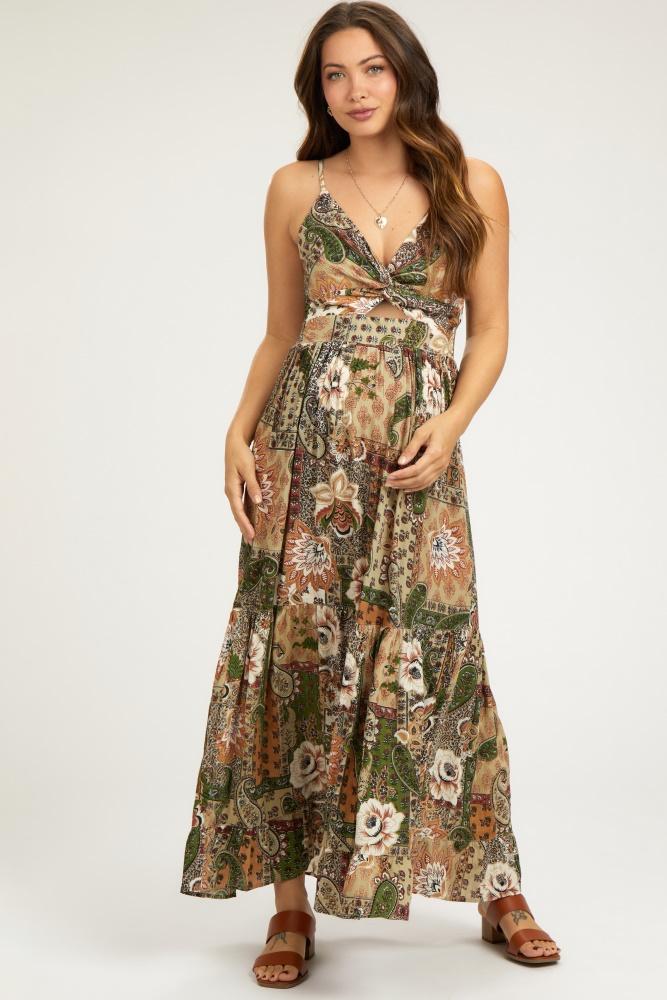 olive floral paisley front twist maternity maxi dress
