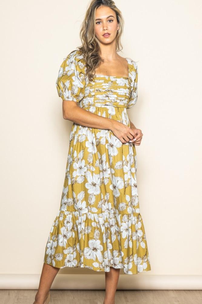 olive floral pleated bodice midi dress