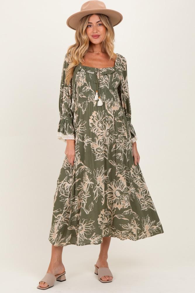 olive floral smocked 3/4 sleeve maternity midi dress