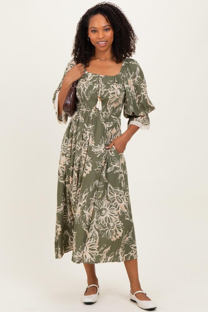 olive floral smocked 3/4 sleeve midi dress