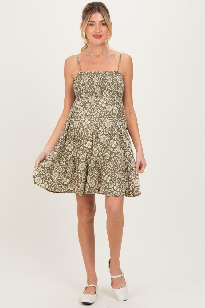 olive floral smocked sleeveless maternity mini dress