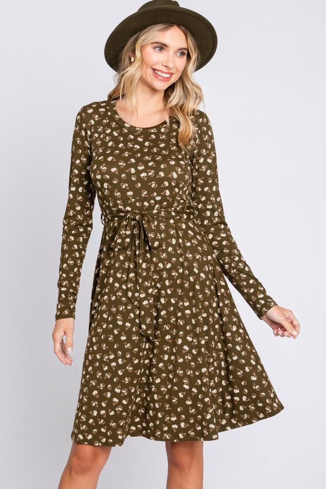 olive floral soft knit long sleeve dress