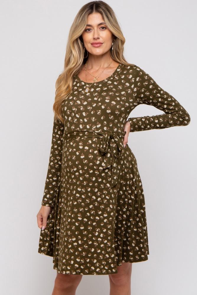 olive floral soft knit long sleeve maternity dress