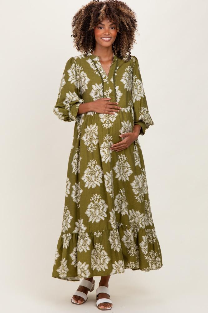 olive floral v-neck 3/4 sleeve maternity midi dress