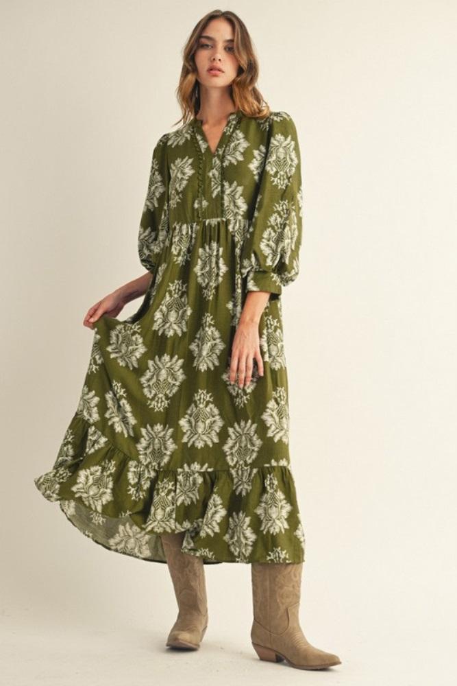 olive floral v-neck 3/4 sleeve midi dress