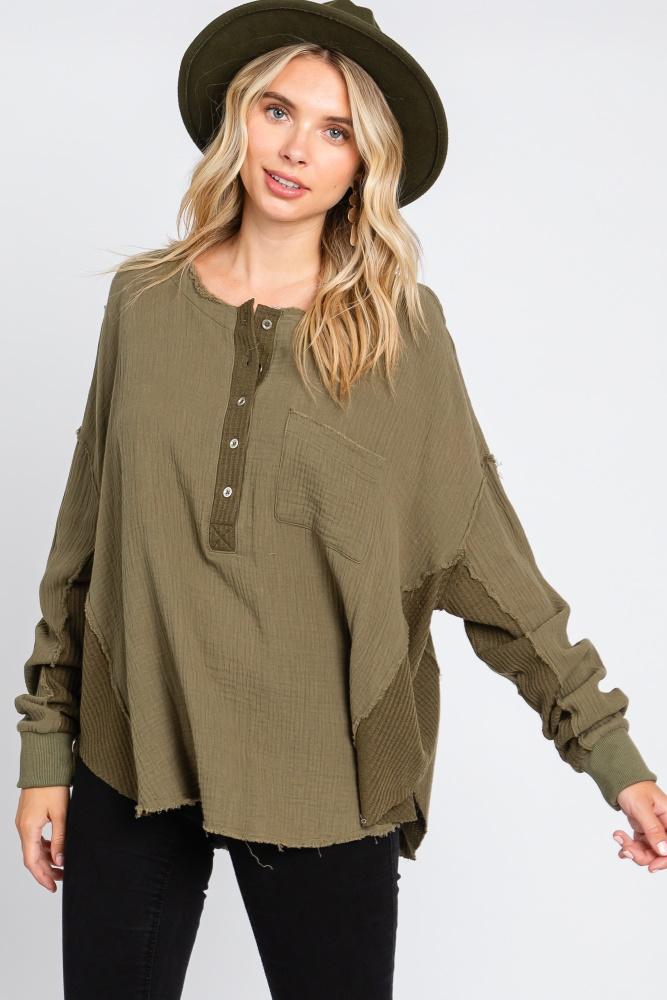 olive front button drop shoulder long sleeve top
