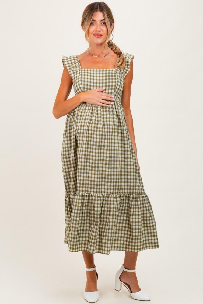 olive gingham ruffle strap maternity midi dress