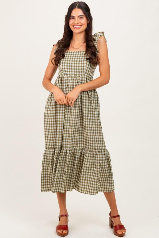 olive gingham ruffle strap midi dress