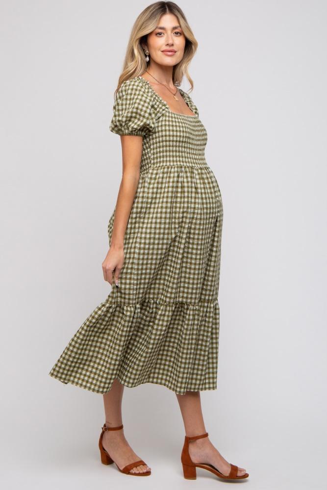 olive gingham smocked maternity midi dress
