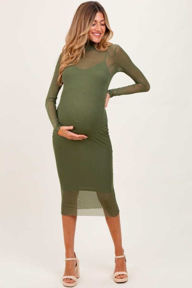 olive green mesh overlay fitted maternity midi dress