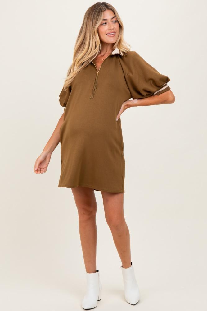 olive half zip puff sleeve maternity mini dress