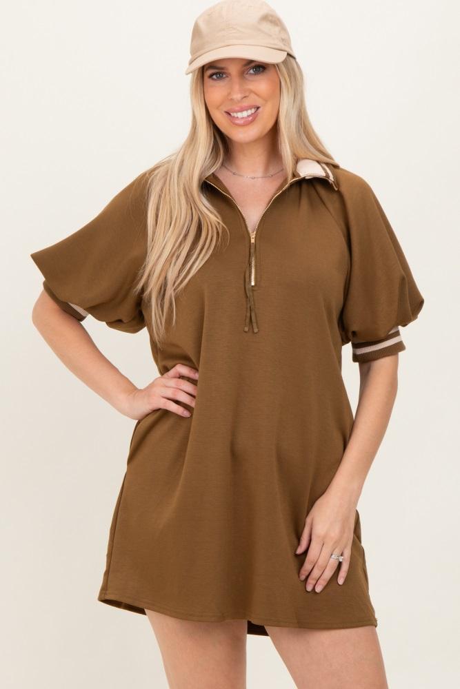 olive half zip puff sleeve mini dress