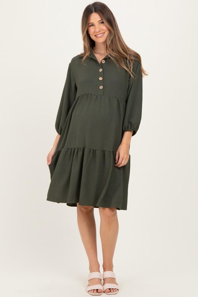 olive long sleeve button down collared tiered maternity dress