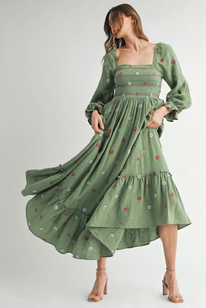olive long sleeve floral accent dress