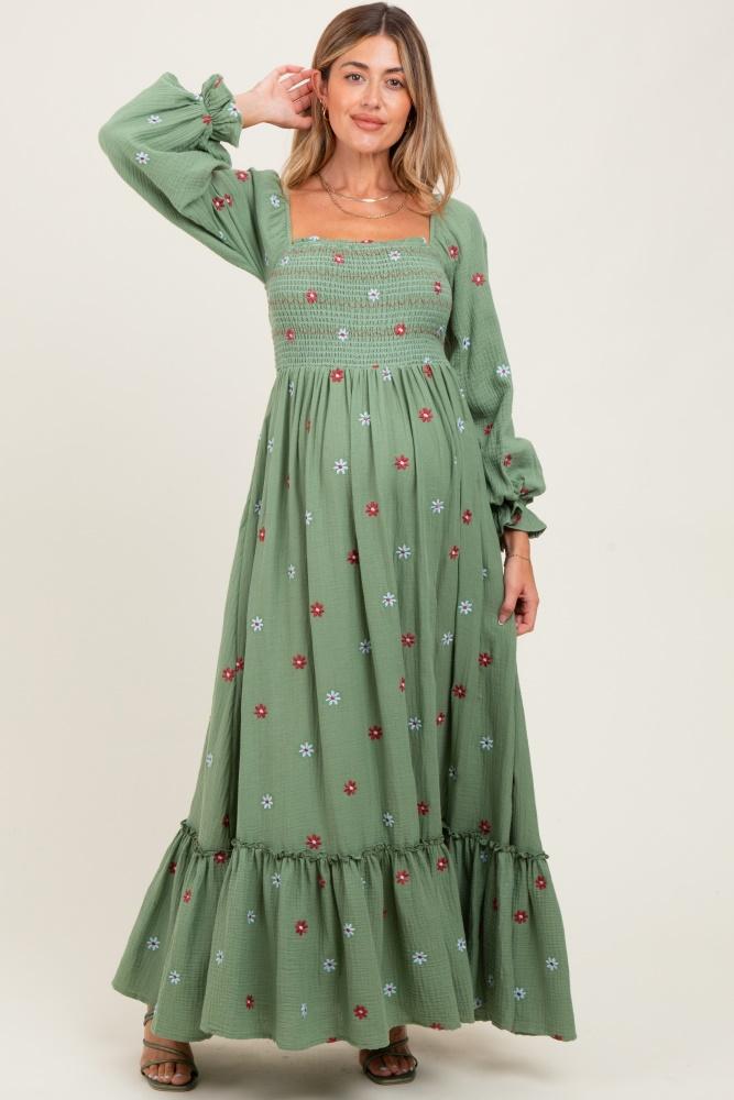 olive long sleeve floral accent maternity dress