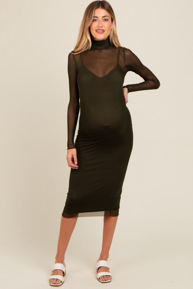 olive mesh overlay fitted maternity midi dress