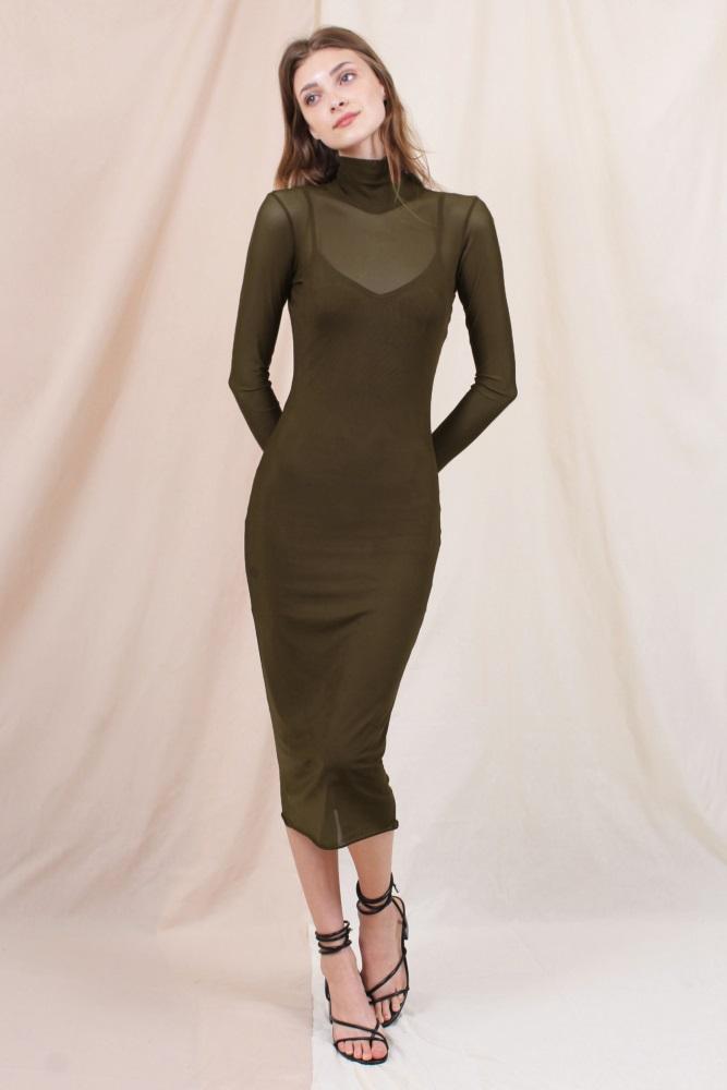 olive mesh overlay fitted midi dress