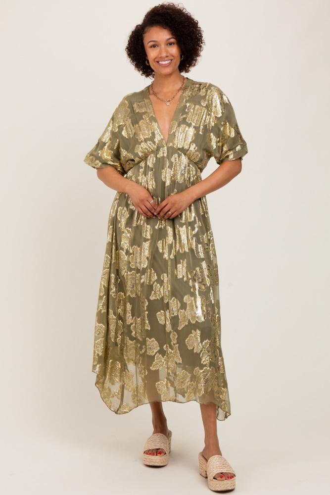 olive metallic floral jacquard overlay maxi dress