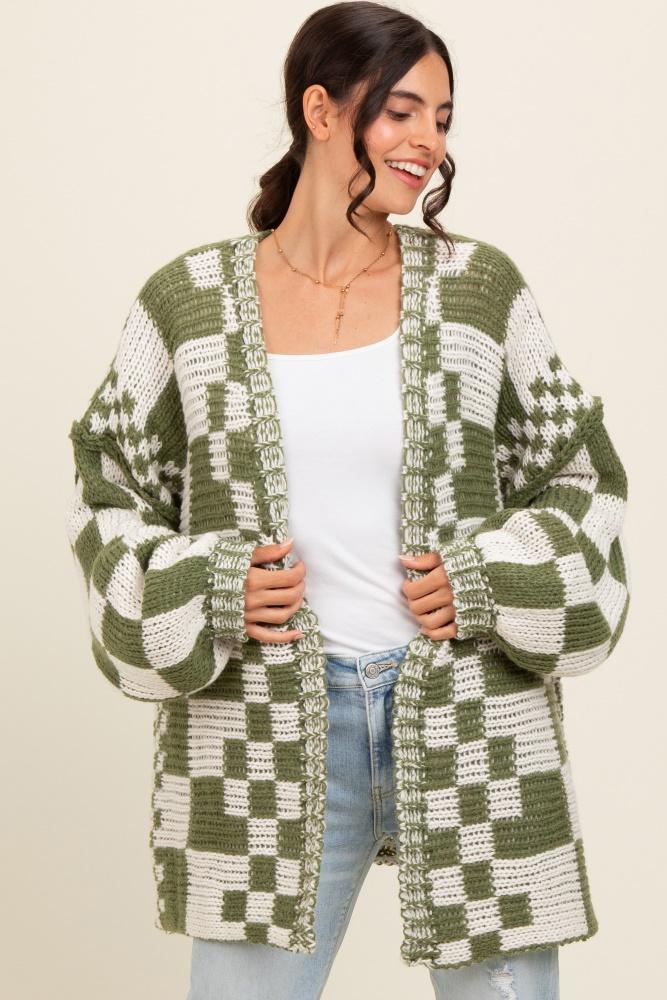 olive mixed check pattern chunky cardigan