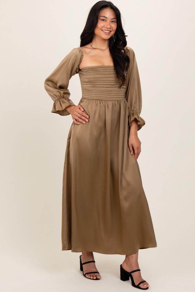 olive off shoulder satin pleated bodice maxi dress