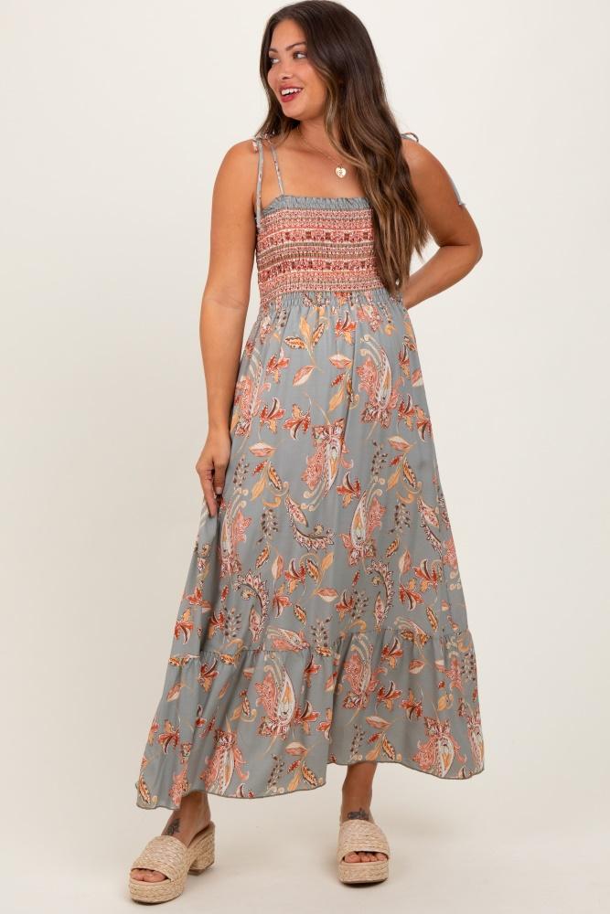 olive paisley shoulder tie smocked maternity maxi dress