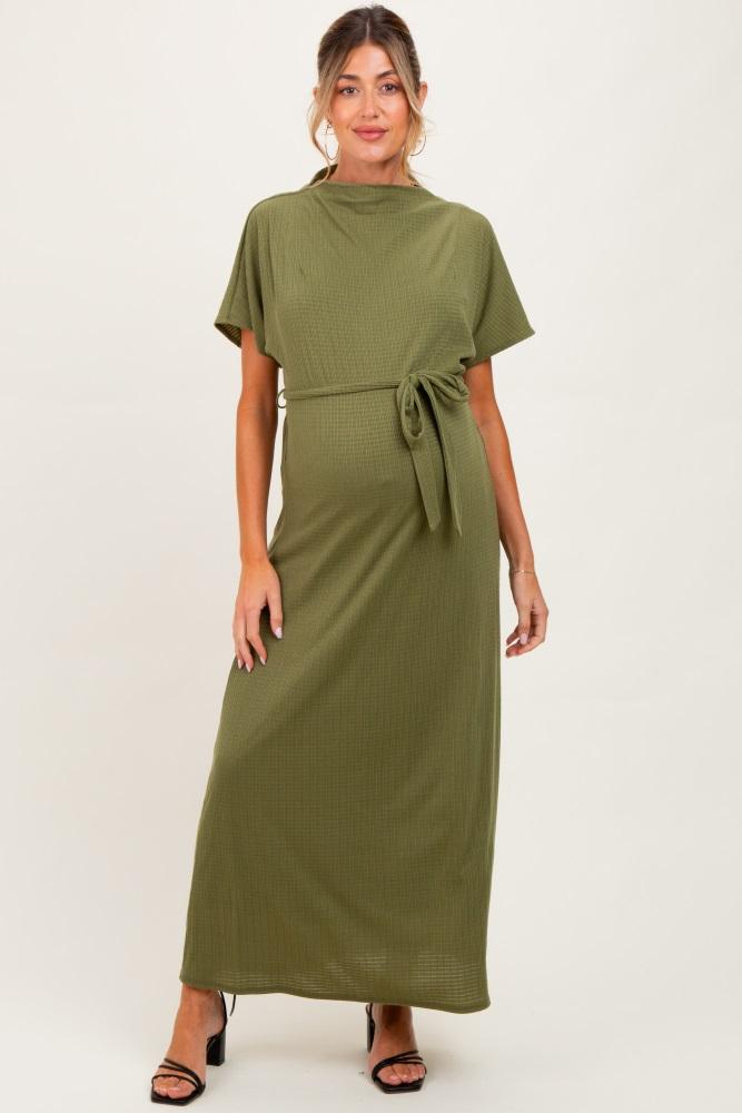 olive plaid draped neckline sash tie maternity maxi dress