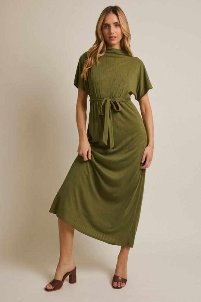 olive plaid draped neckline sash tie maxi dress