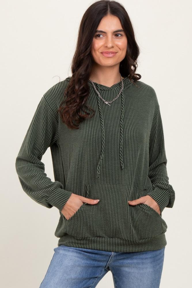 olive ribbed basic drawstring hoodie