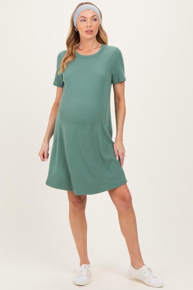 olive ribbed knit basic short sleeve maternity t-shirt dress