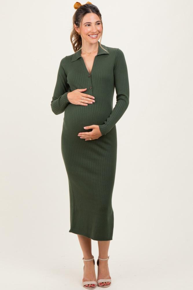 olive ribbed knit maternity polo sweater dress