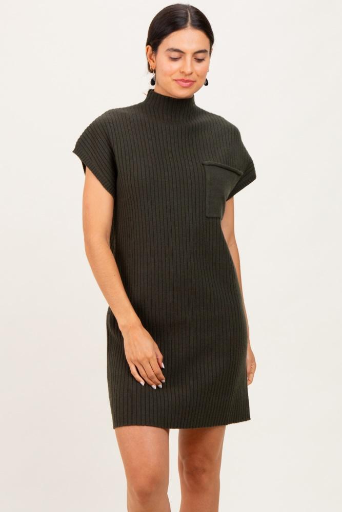 olive ribbed knit short sleeve sweater dress